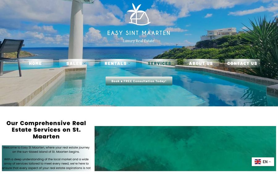 Luxurious pool overlooking the Caribbean with a logo and navigation menu for a real estate site (Easy Sint Maarten). This hero image conveys a premium property experience by the sea.