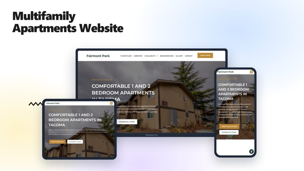 Fairmont Park Apartments website shown on a laptop, tablet and phone