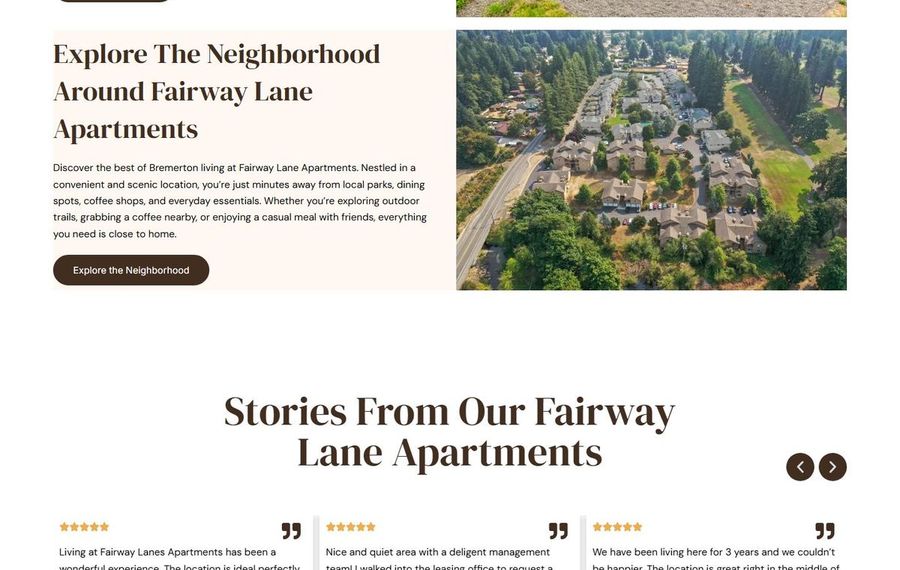 Section of a webpage showing the headline 'Explore The Neighborhood Around Fairway Lane Apartments' with a short description and rounded button, beside an aerial photo of a tree-filled apartment complex along a road.