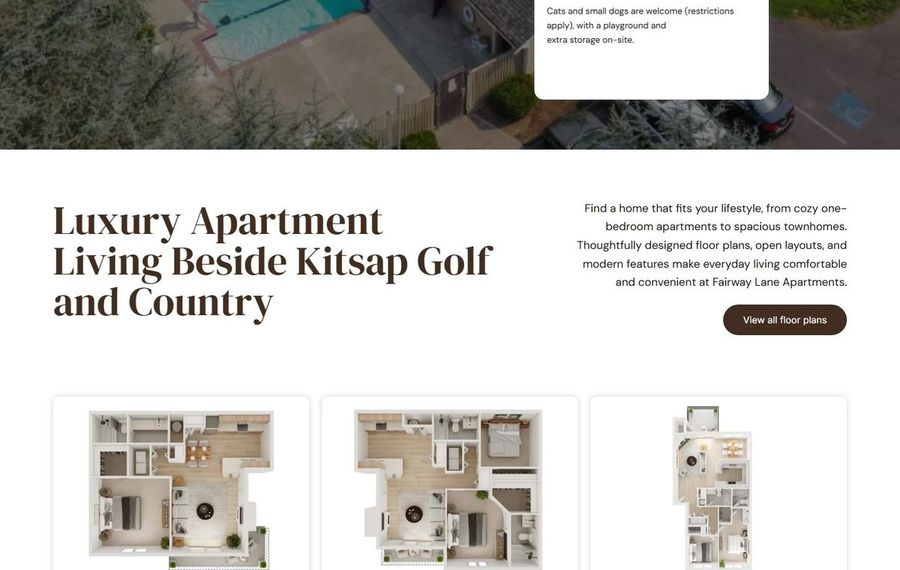 Aerial view of a luxury apartment complex with a swimming pool and surrounding greenery, with the page headline 'Luxury Apartment Living Beside Kitsap Golf and Country' and a dark rounded call-to-action button reading 'View all floor plans'.