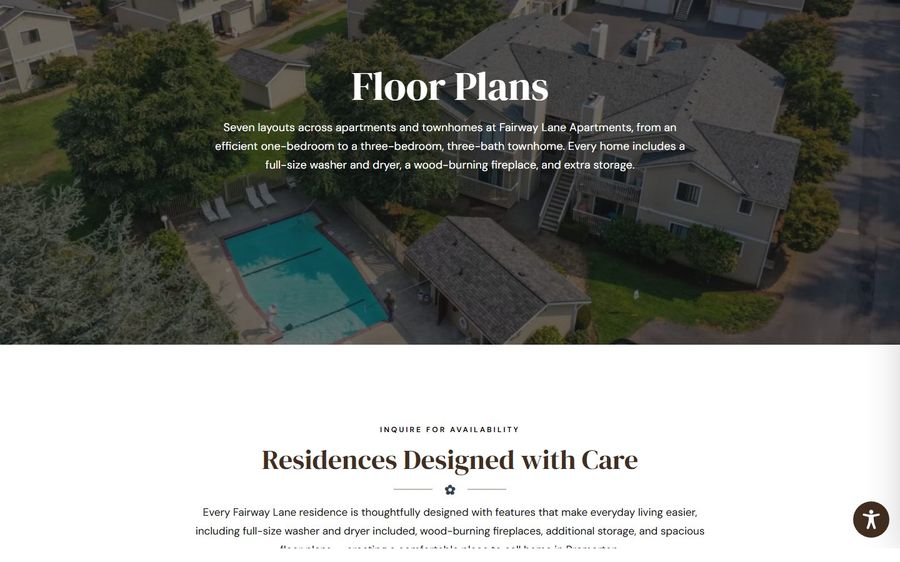 Aerial view of a residential apartment complex with a pool; hero image for Floor Plans with the title 'Floor Plans' overlaid and a descriptive paragraph.