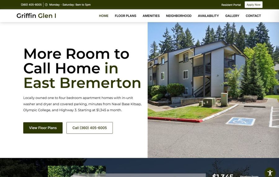 Hero section showing the headline 'More Room to Call Home in East Bremerton' with two CTAs, and a right-side photo of a beige multi-story apartment building with trees and a parking lot.