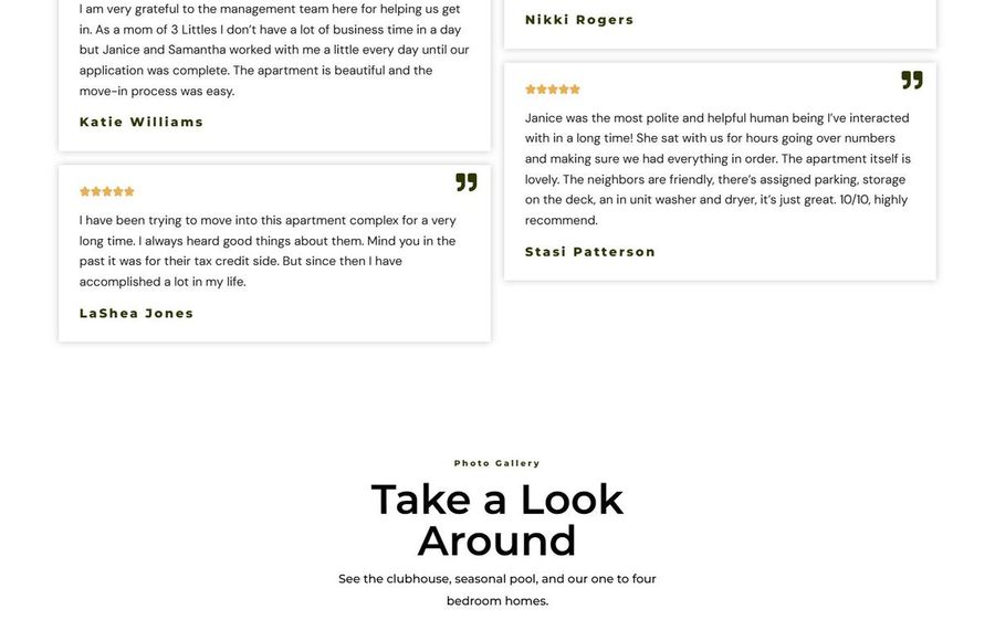 Four testimonial cards with quotes and star ratings, followed by a 'Take a Look Around' photo gallery heading.