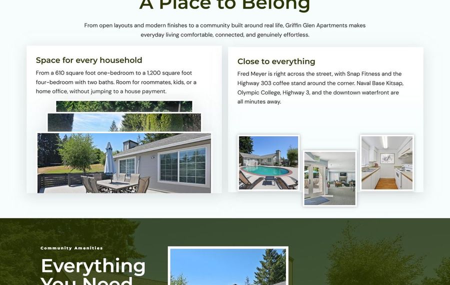 Hero section for Griffin Glen Apartments titled 'A Place to Belong' with two feature panels 'Space for every household' and 'Close to everything' and thumbnail photos of a home and interiors.