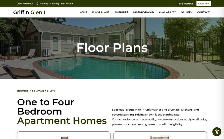 Hero banner for Griffin Glen I showing an outdoor pool at an apartment community with the words 'Floor Plans' overlaid