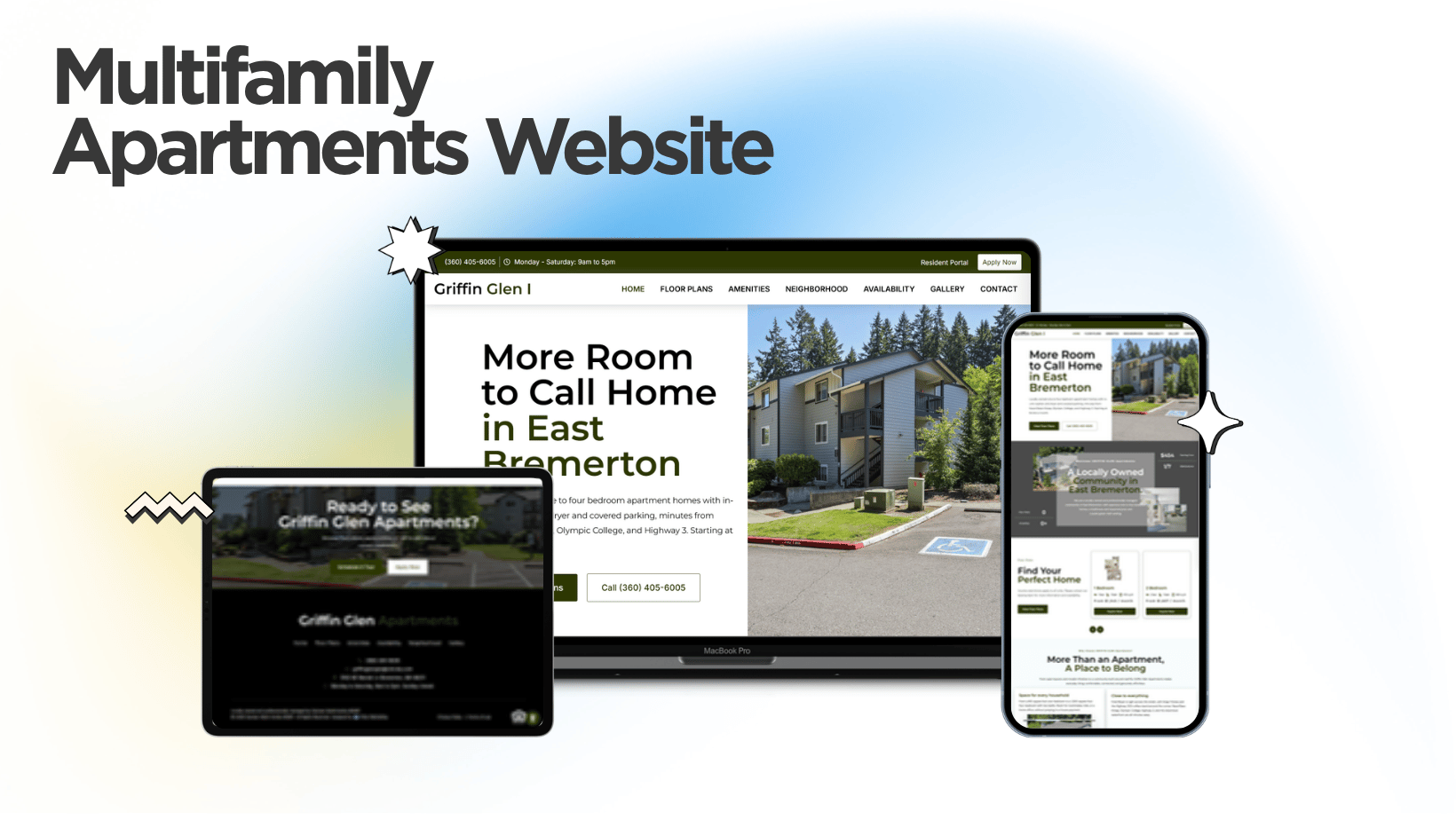 Griffin Glen Apartments website designed and built by Kihan Marketing, shown on desktop, tablet and mobile