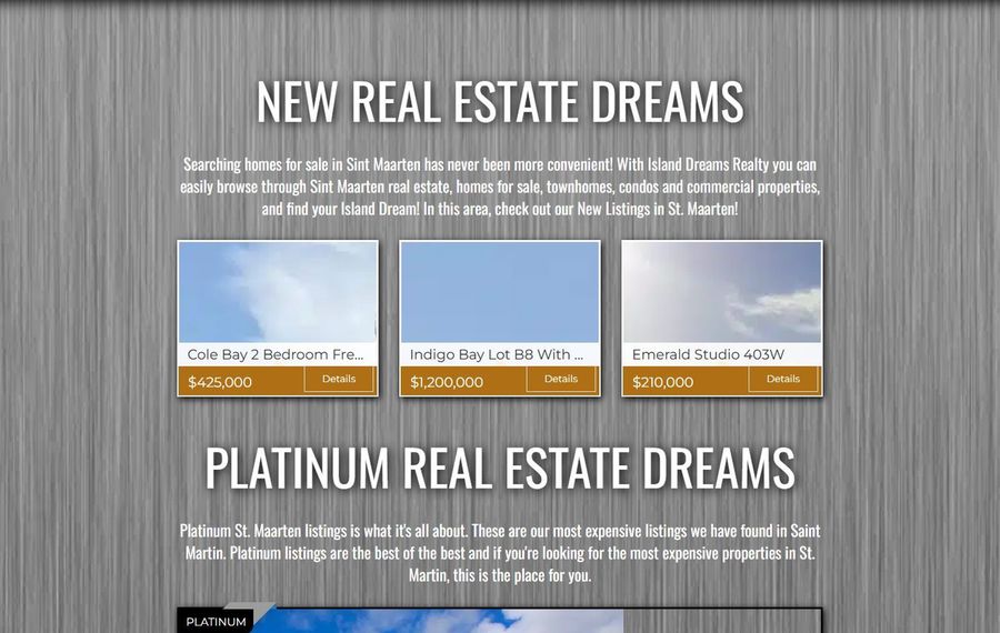 Hero banner for a real estate page titled 'NEW REAL ESTATE DREAMS' with three property cards showing previews and prices (5,000;  alt=