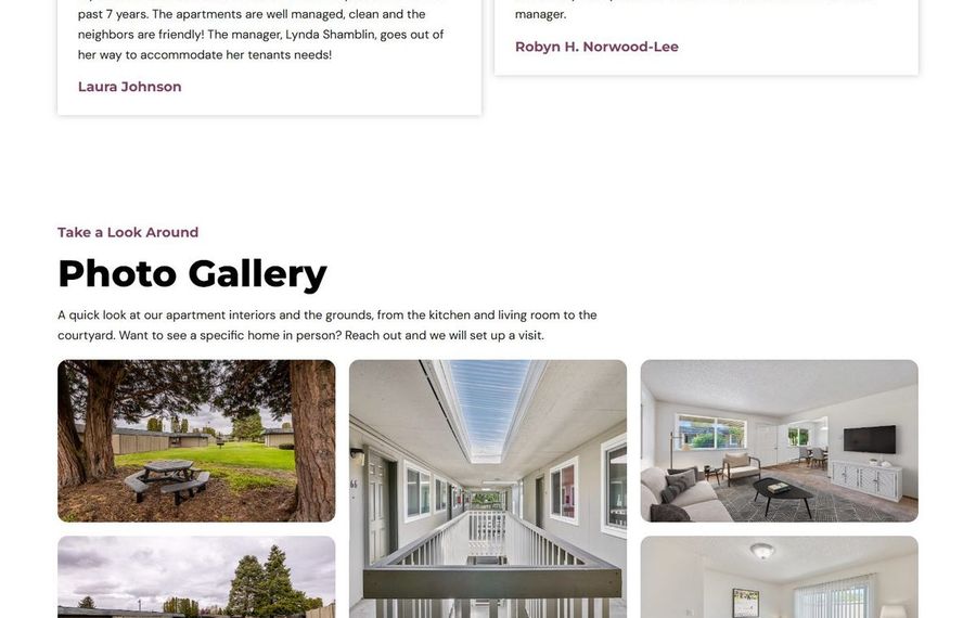 Photo Gallery header with a 3-column grid showing exterior courtyard, interior hallway, and living room photos as thumbnails.
