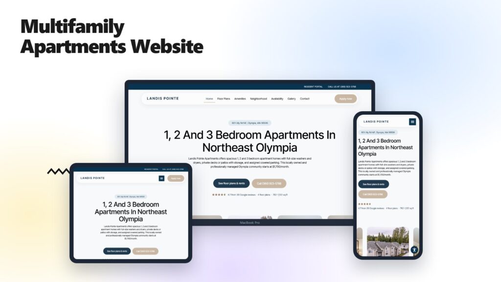 Landis Pointe Apartments website shown on a laptop, tablet and phone