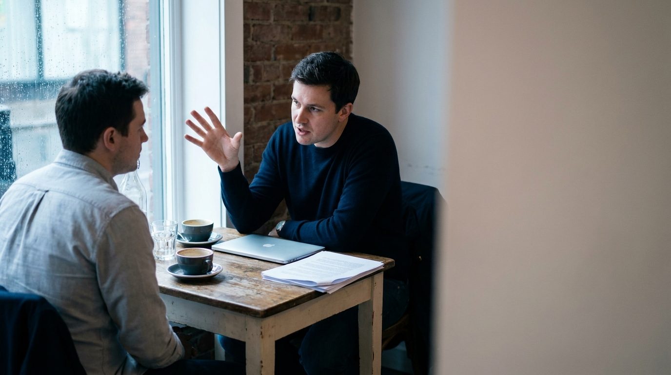 Two people meeting across a cafe table to discuss marketing, printed pages and a closed laptop between them.