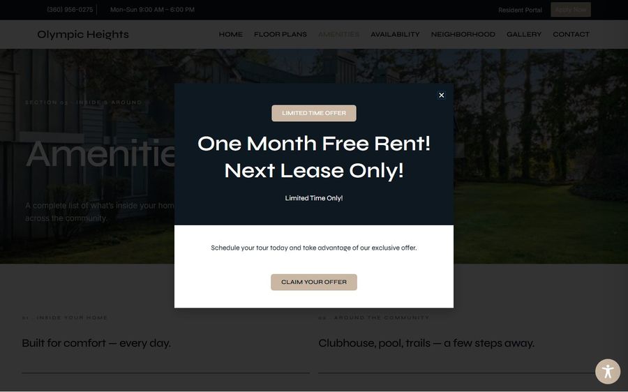 Promotional modal over a rental site announcing 'One Month Free Rent! Next Lease Only!' with a 'Claim Your Offer' button (Limited Time Offer).
