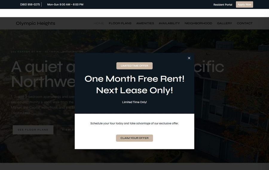 Promotional modal offering one month free rent for next lease, with a 'Limited Time Offer' badge and a 'Claim Your Offer' button over a dark backdrop on an apartment site.