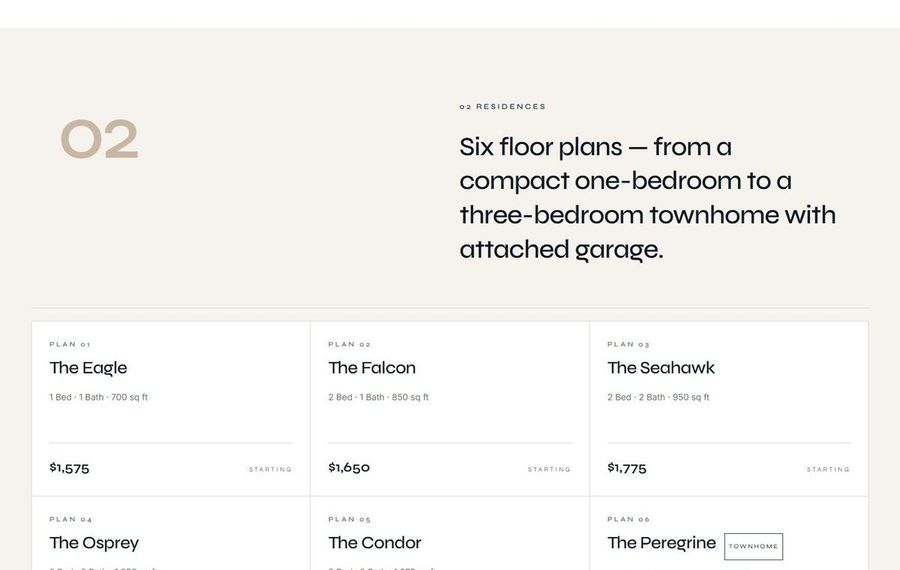 Section header: Six floor plans for residences, from 1 to 3 bedrooms with attached garage, grid of plan cards below.