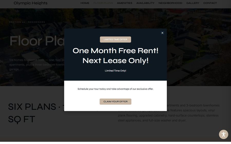 Promotional modal: dark blue panel with 'One Month Free Rent! Next Lease Only!' and beige CTA buttons over a real estate site background (overlay).