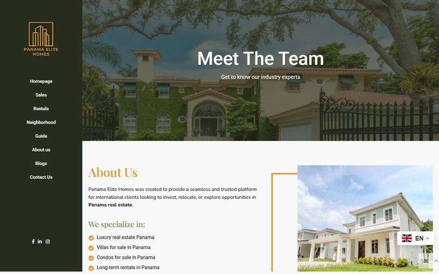 Hero header showing a large house with trees behind, title 'Meet The Team' on a real estate site.