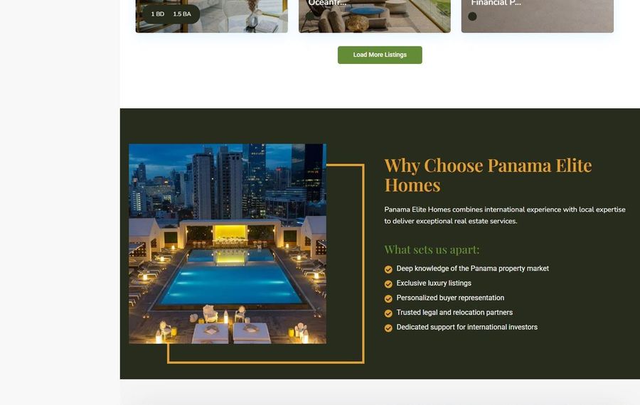 Nighttime poolside luxury with a city skyline; banner shows 'Why Choose Panama Elite Homes' with bullet-point benefits on the dark background.