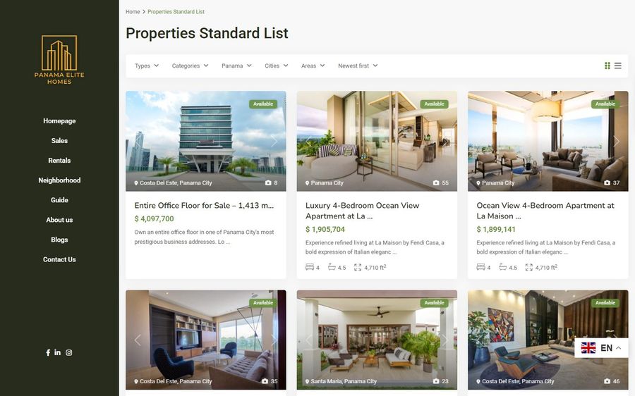 Property listing page with a dark left navigation panel and a grid of available property cards titled 'Properties Standard List'