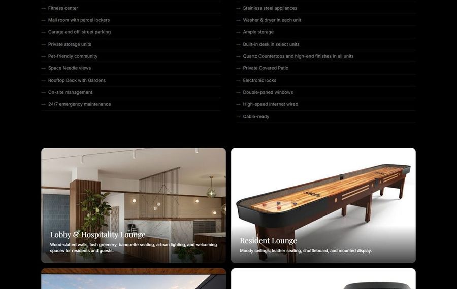 Screenshot of an amenities page with a dark background showing two-column lists, plus rounded image cards for Lobby & Hospitality Lounge and Resident Lounge below.