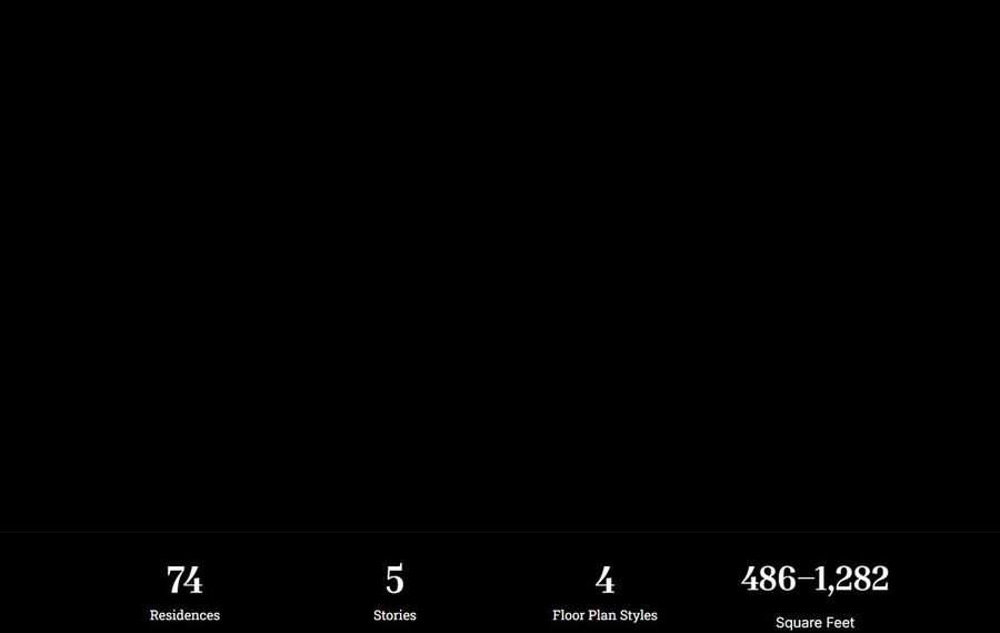 Black background with four project stats at bottom: 74 residences, 5 stories, 4 floor plan styles, 486 to 1,282 sq ft.
