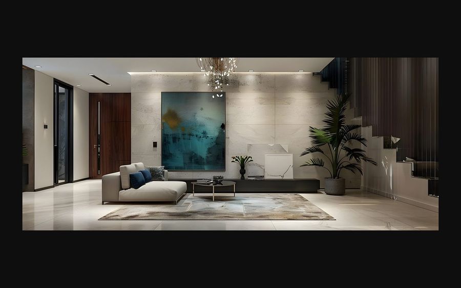 Modern living room with a gray sectional sofa, abstract teal artwork, and a low coffee table on a light area rug.