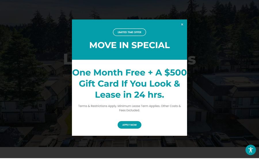 Move-in special modal offering one month free and a 0 gift card if you lease within 24 hours.