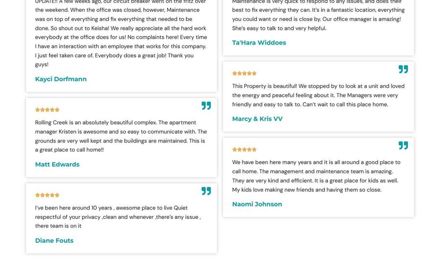 Six white testimonial cards in a two-column grid, each with a quoted comment, five stars, and a teal author name.