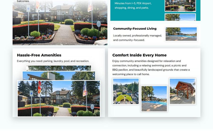 Promotional collage of a housing community highlighting amenities, including landscaped entrance and outdoor spaces.