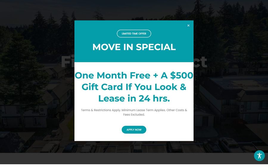 Promotional modal: 'Move In Special' offer with teal and white panel over a dark website background; includes 'One Month Free + A 0 Gift Card' and 'Apply Now' button.