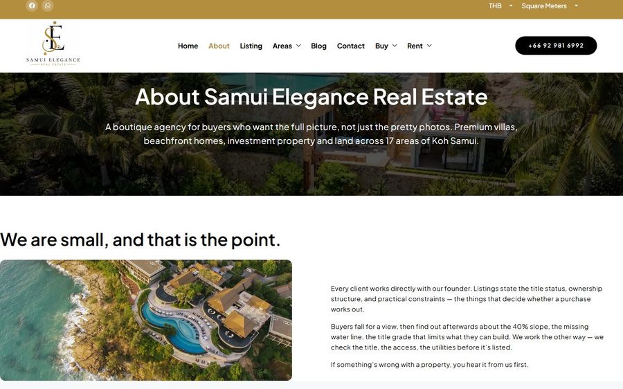 Boutique real estate agency hero: 'About Samui Elegance Real Estate' over tropical foliage.