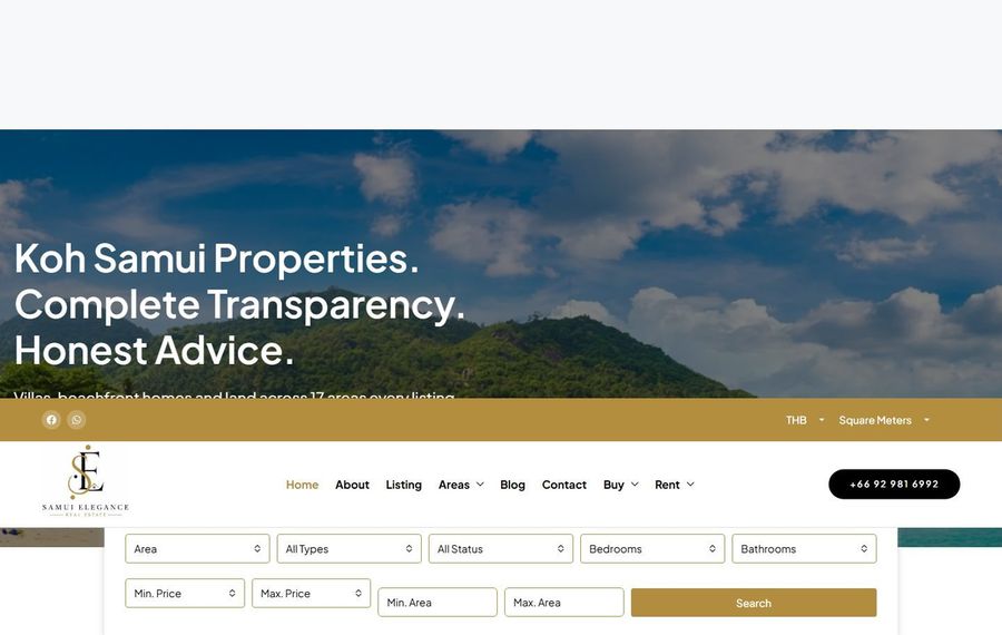 Hero banner for Koh Samui Properties with blue sky, hills, and a property search panel beneath the slogan.