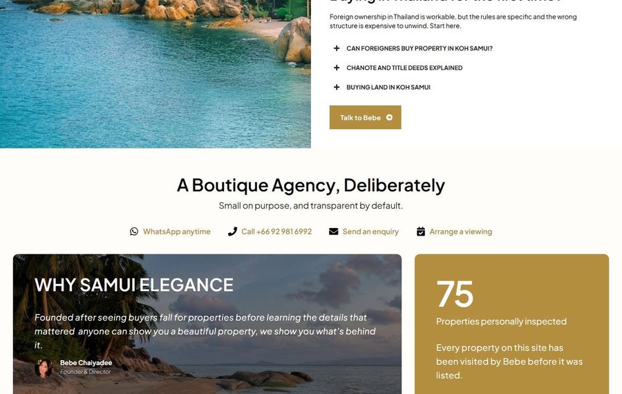 Hero section of a boutique agency site: left side shows turquoise sea and rocky shoreline, right side contains a white panel with questions and a gold 'Talk to Bebe' button.