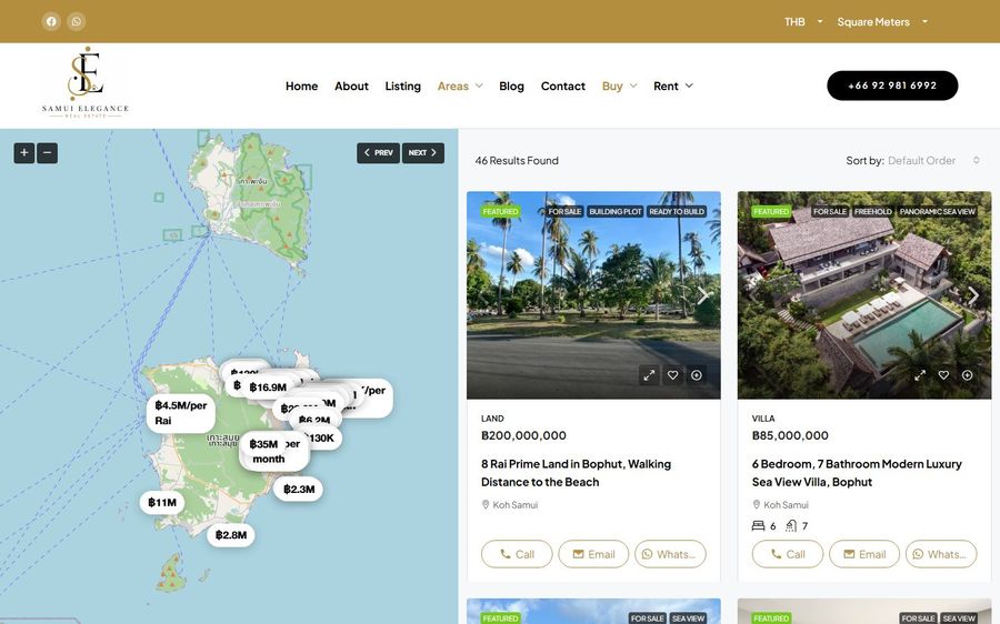 Map-based real estate search interface showing a Philippine island map with price tags and a right column of property cards.