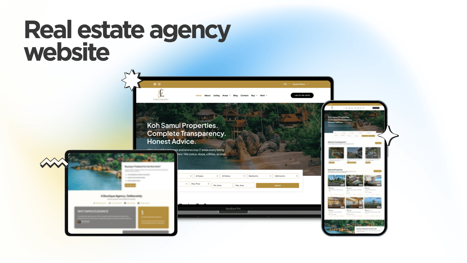 Samui Elegance Real Estate website designed and built by Kihan Marketing, shown on desktop, tablet and mobile