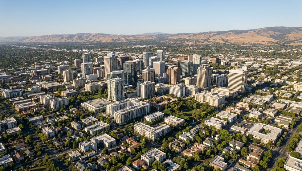 Aerial view of a dense downtown with high-rise buildings and surrounding low-rise blocks, hills in the distance under a clear blue sky.