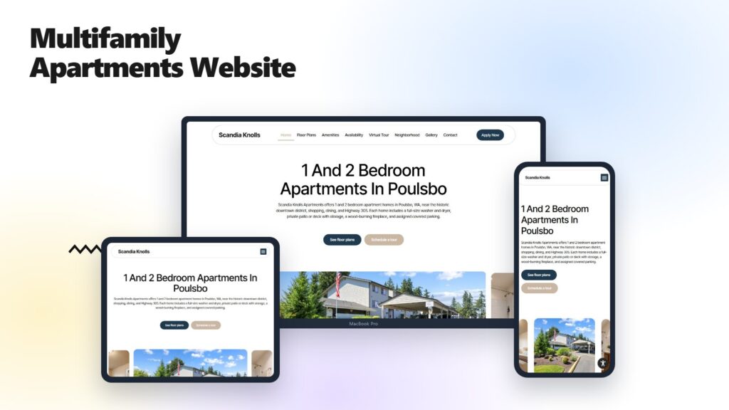 Scandia Knolls Apartments website shown on a laptop, tablet and phone