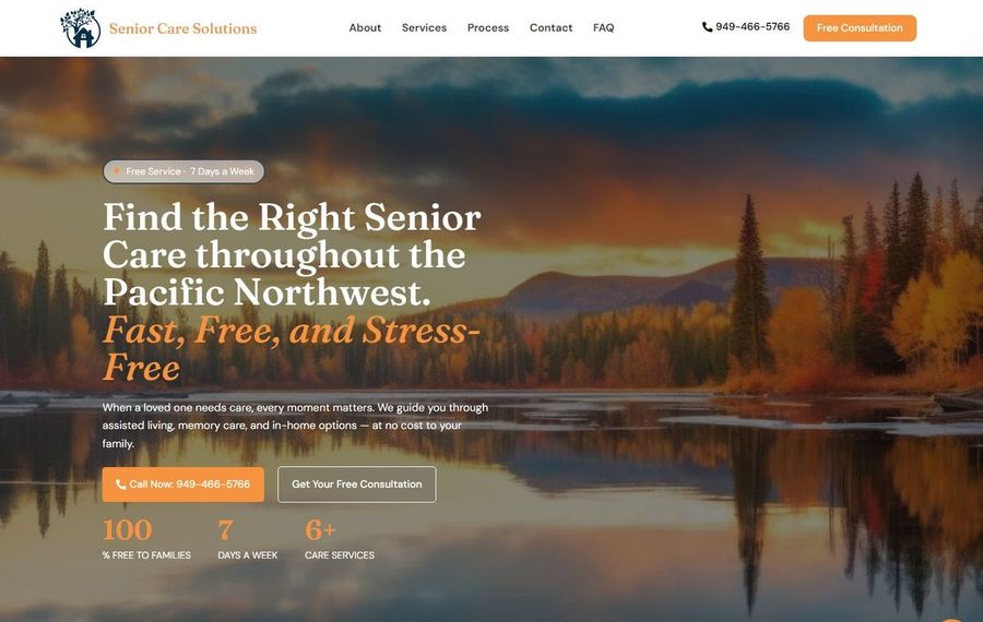Hero banner for Senior Care Solutions with a sunset lake scene; main headline reads 'Find the Right Senior Care throughout the Pacific Northwest. Fast, Free, and Stress-Free' and two CTAs: 'Call Now' and 'Get Your Free Consultation'.