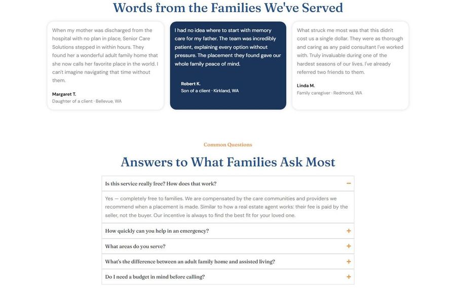 Testimonial trio cards under the header 'Words from the Families We've Served,' followed by an FAQ section 'Answers to What Families Ask Most.'