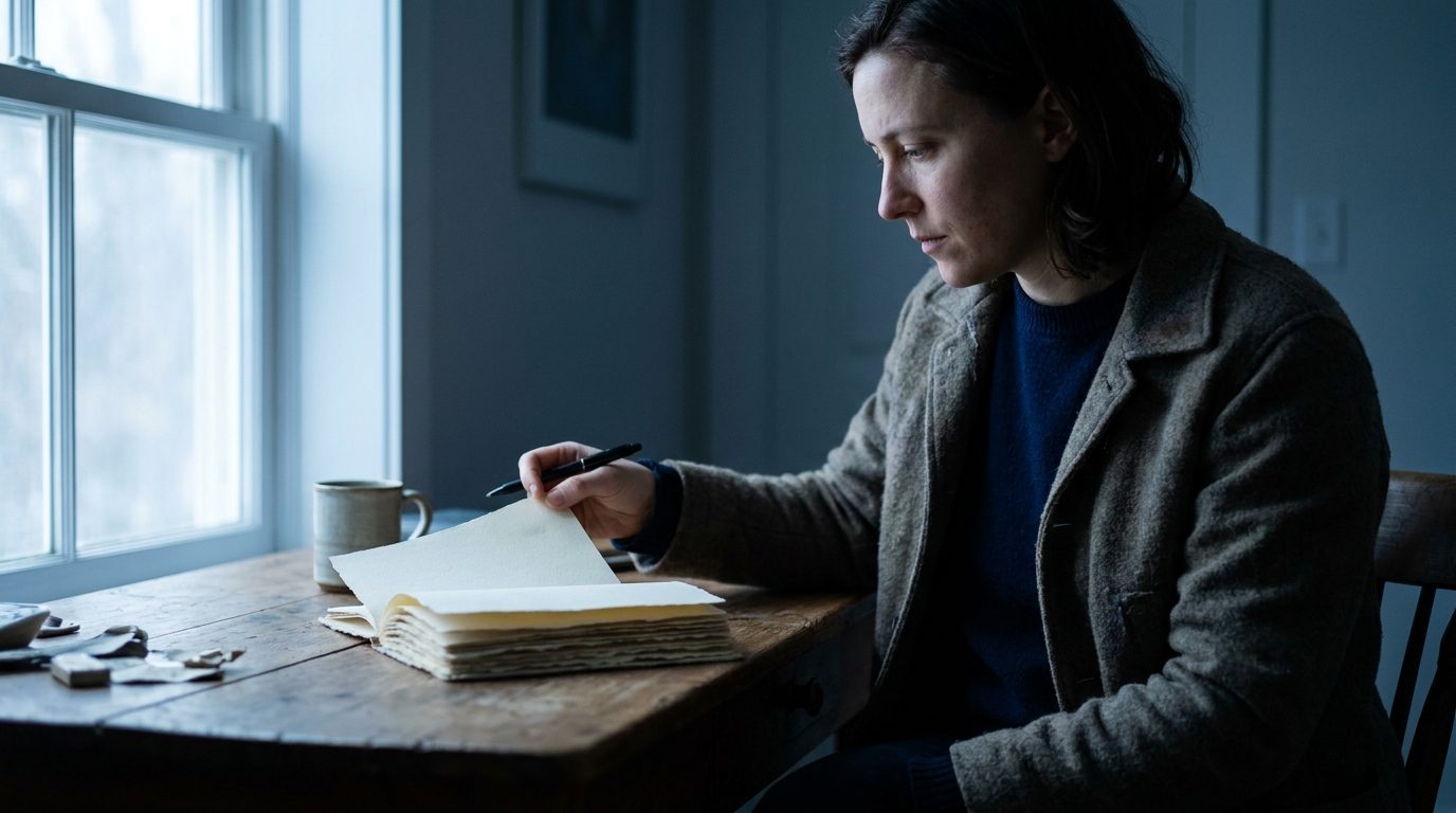 A founder reviewing printed search performance reports at a desk in early morning light, pen in hand.