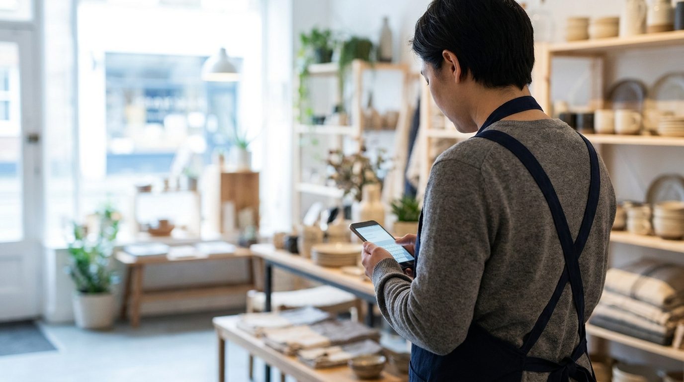 A shop owner searching for SEO services on a phone inside their own business premises, daylight through the front window.