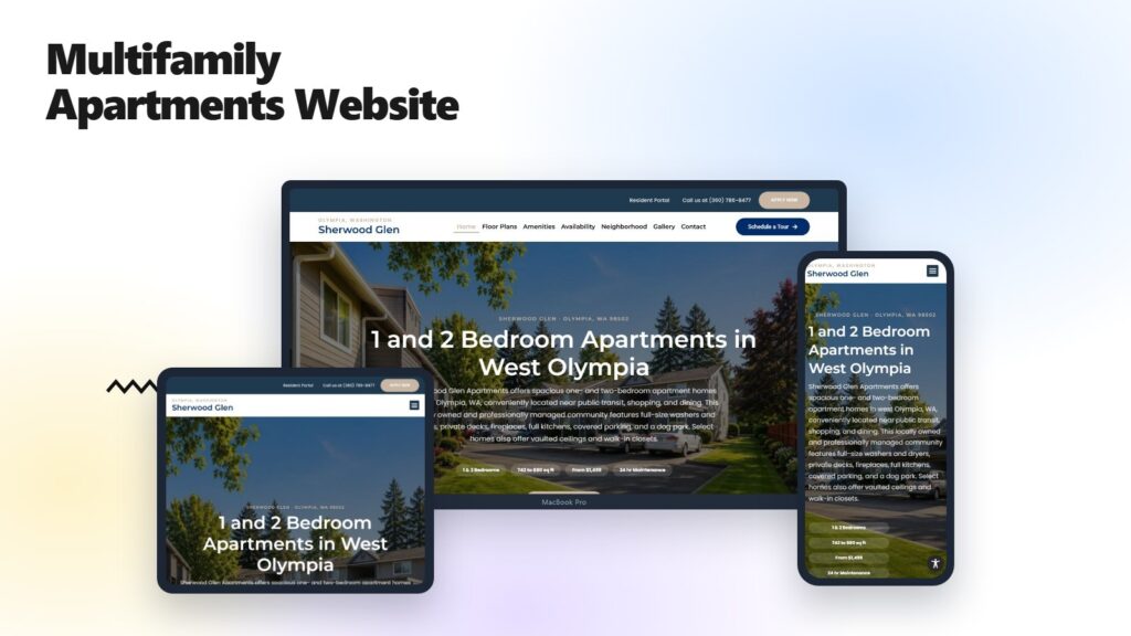 Sherwood Glen Apartments website shown on a laptop, tablet and phone