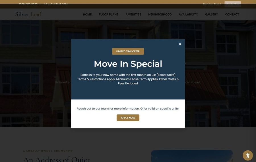 Promotion modal: Move In Special with Apply Now button over a darkened apartment webpage backdrop.