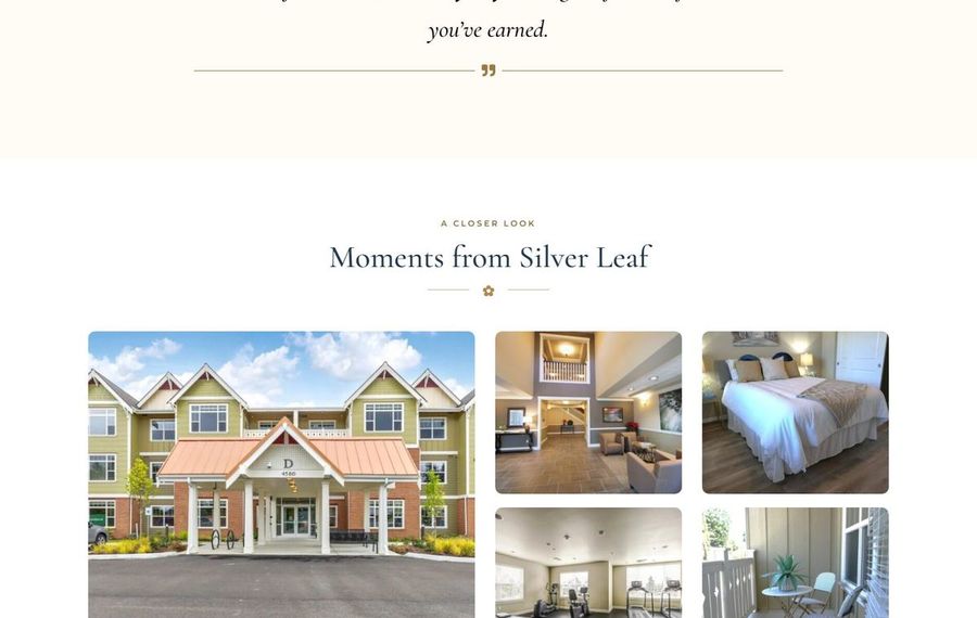 Collage titled 'Moments from Silver Leaf' showing exterior of a residential building and interior shots of a lobby, bedroom, meeting room, and balcony.