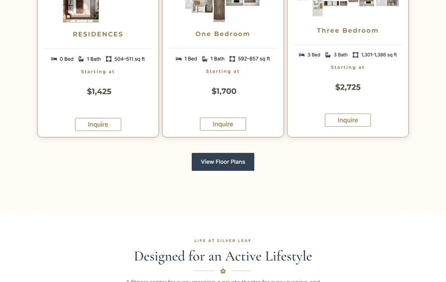 Pricing cards for Residences, One Bedroom, and Three Bedroom with starting prices and Inquire buttons; View Floor Plans button beneath.