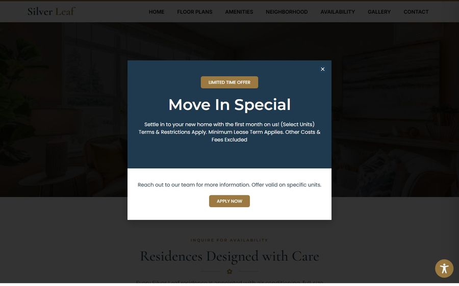 Promotional modal offering a Move In Special with Limited Time Offer and an Apply Now button, over a dimmed site background.