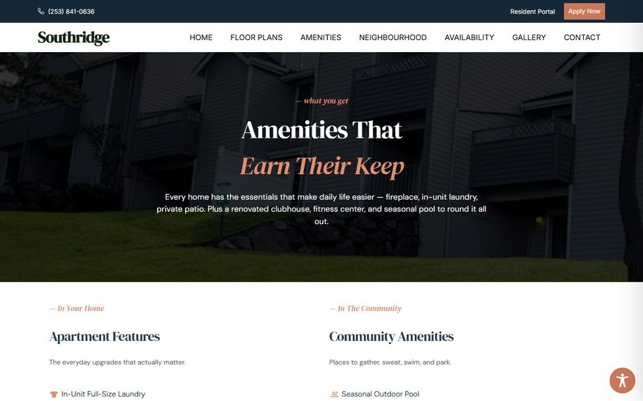 Hero banner for Southridge showing a dark residential building with the headline 'Amenities That Earn Their Keep' and a subheading about essential home features.