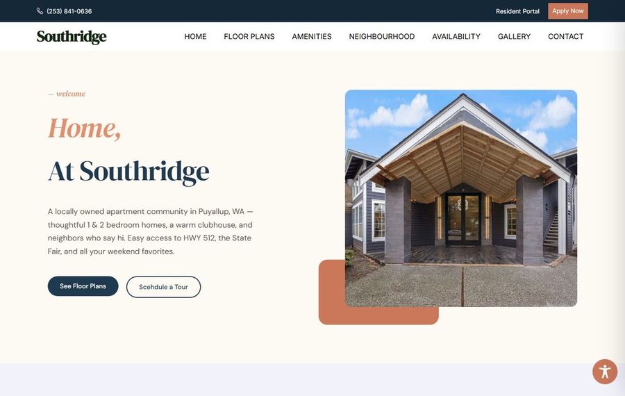Intro hero: 'Home, At Southridge' text on the left with a photo of a house entrance on the right.