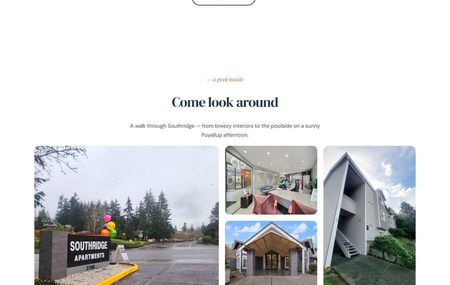 Collage of Southridge Apartments: the sign and front entrance, plus interior and exterior shots of the complex (lobby, building exterior, and surroundings).