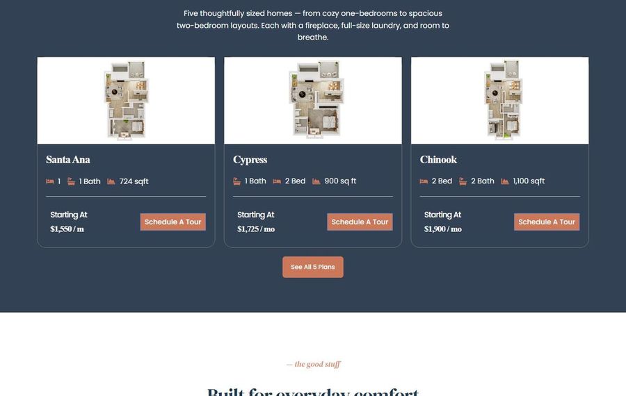 Three property plan cards labeled Santa Ana, Cypress, and Chinook on a navy background, showing floor plans, beds, baths, square footage, starting prices, and Schedule a Tour buttons.