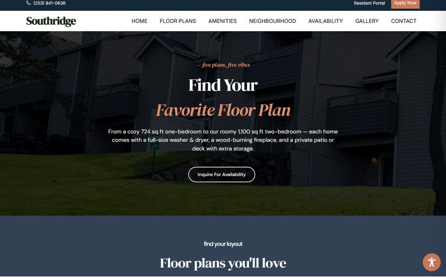 Dark-toned hero image of a multi-unit building with overlay text: 'Find Your Favorite Floor Plan' and a CTA 'Inquire For Availability'.