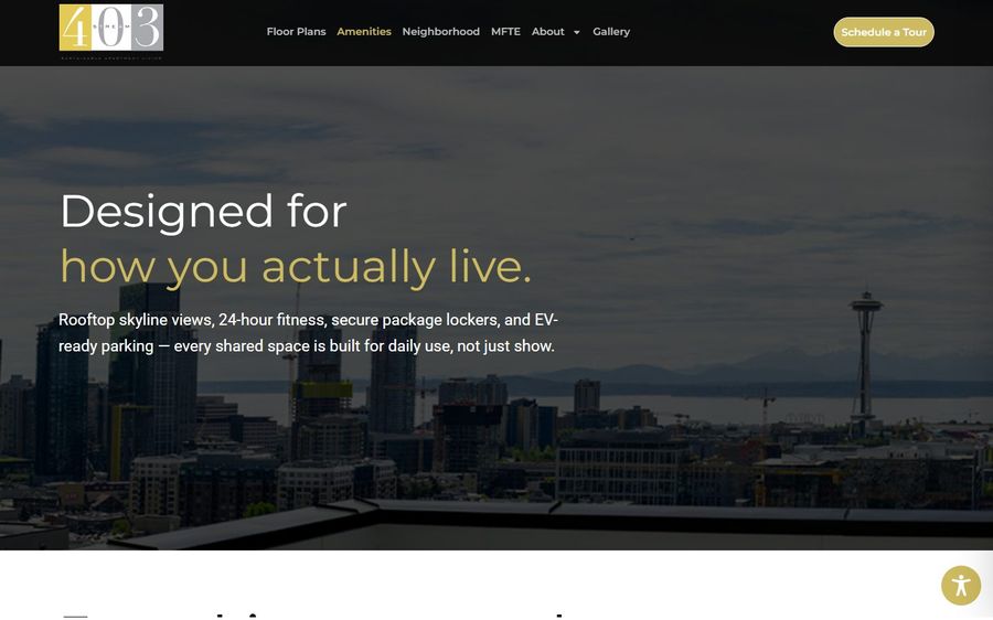 Hero banner with a city skyline viewed from above, overlaid by the headline 'Designed for how you actually live' in white and pale yellow text.